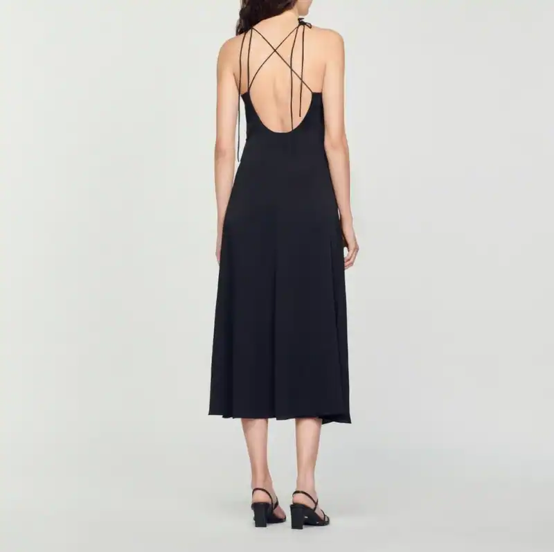Sandro Kleid Schwarz Gr. 34 FR / XS Damen Rückenausschnitt Midikleid SFPRO01853