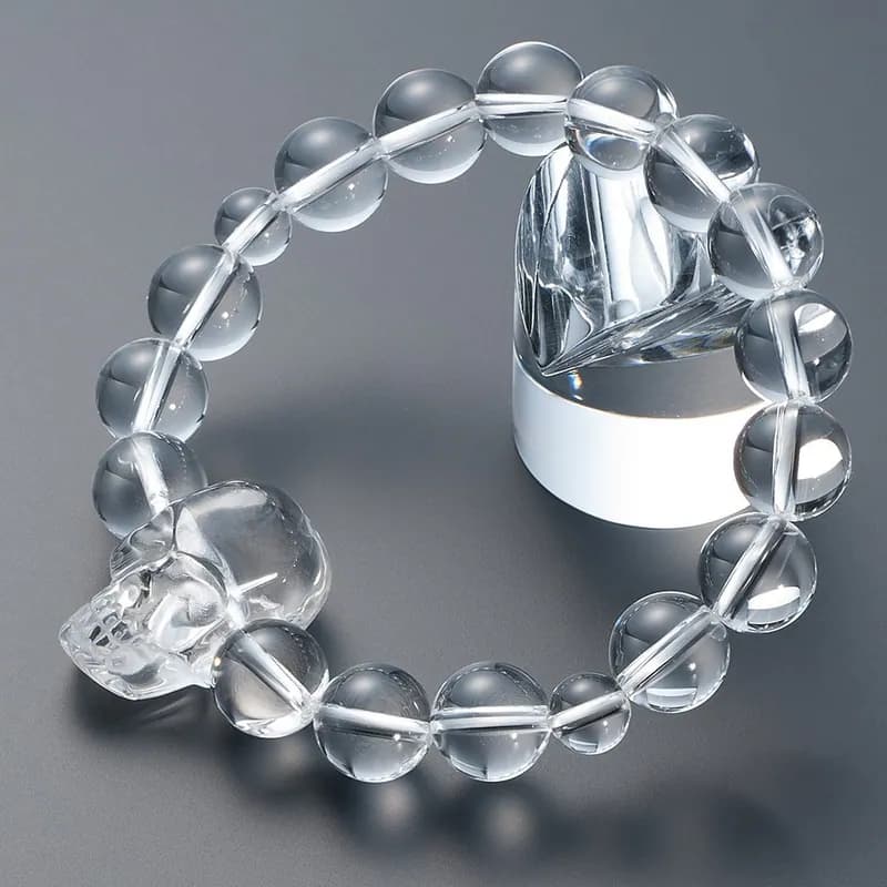 Naturstein Armband mit Totenkopf Design, echter Quarz Kristall, 12 mm Perlen, Ap