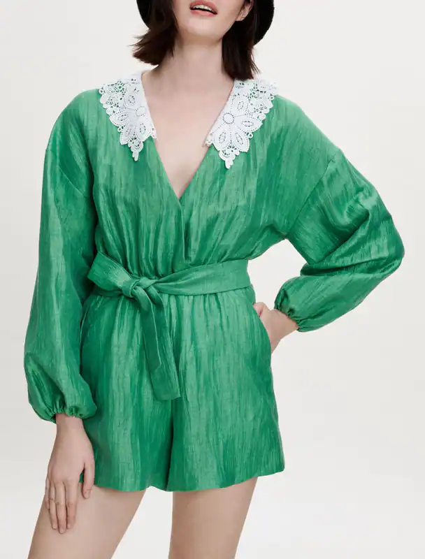 Maje Playsuit Damen Grün Gr. 36 S Bestickt Leinenmix MFPCO00258