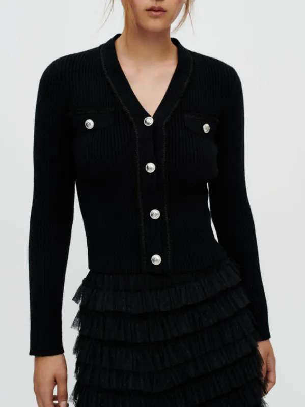 Maje Cardigan Schwarz Strick Gr. 36 FR Damen Strickjacke Glitzer Trim MFPPU00528
