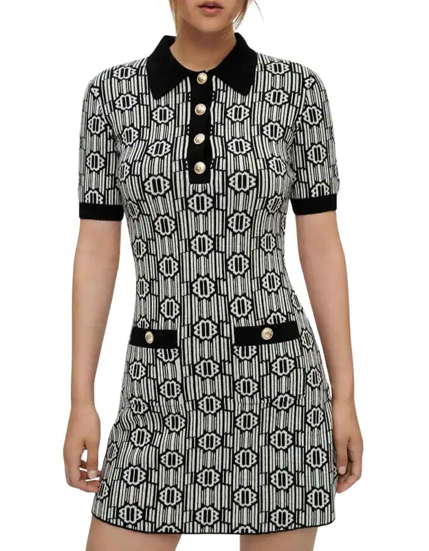Maje Damen Kleid Strickkleid Logo Monogramm Allover Wolle Schwarz Weiß XS 34