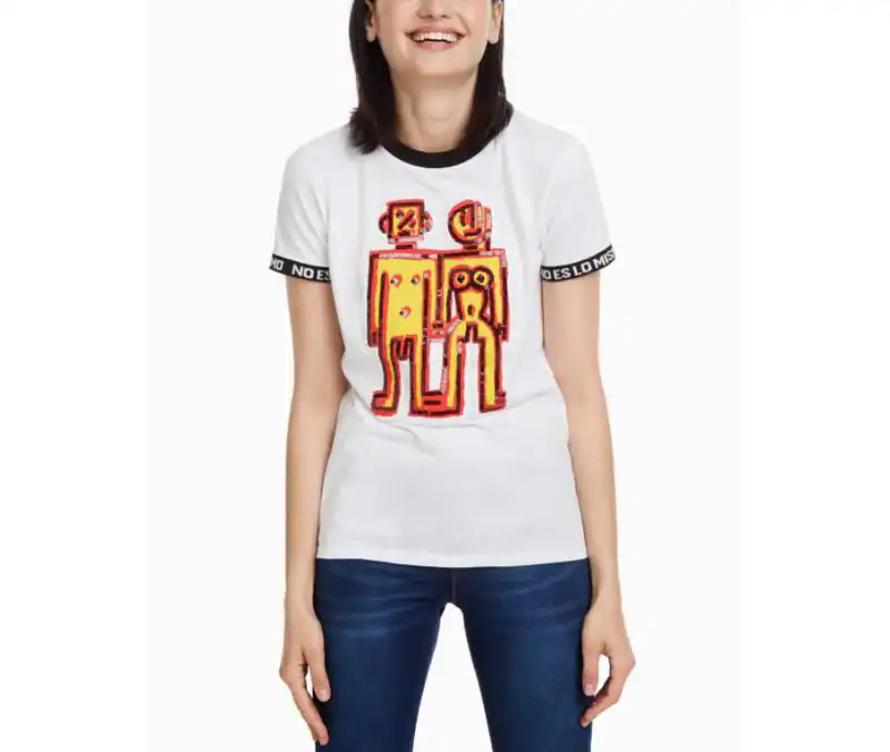 Desigual Women's Top T-Shirt Sequins Print White XL 18WWTKXA