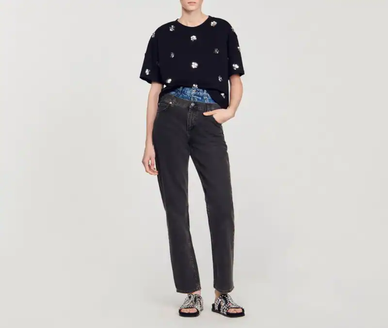 Sandro Paris T-Shirt SFPTS01436 Schwarz Baumwolle Gr. 34 XS Damen Strass Blumen