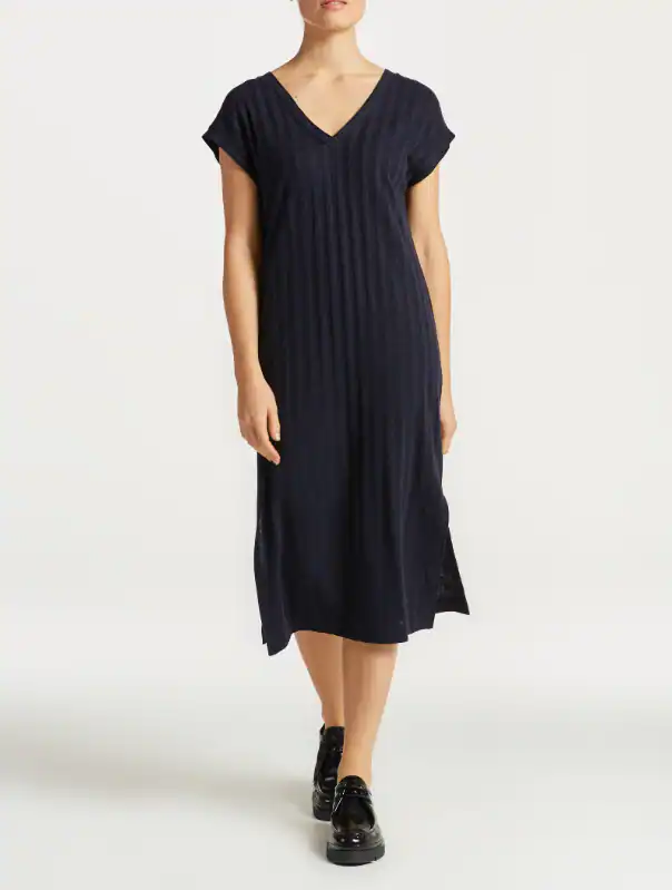 GANT Damen Kleid Strickkleid Blau Leinen V-Ausschnitt Lang Gr. S 4201328
