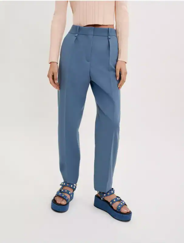 Maje Damen Hose Wolle Mix Hohe Taille Blau Business Stil Gr. 40 FR