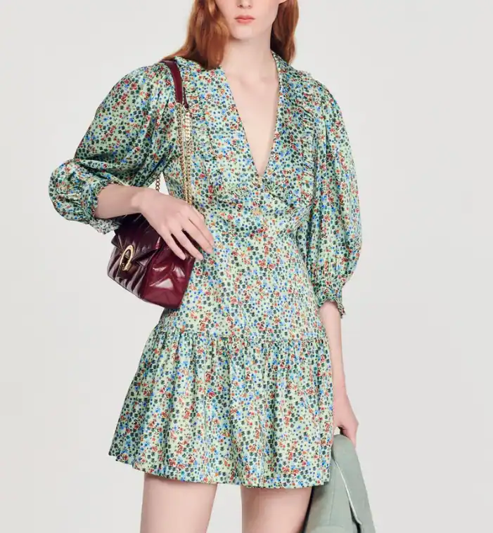 Sandro Kleid Grün Seide Gr. 32 Damen Kurz Floral SFPRO02601