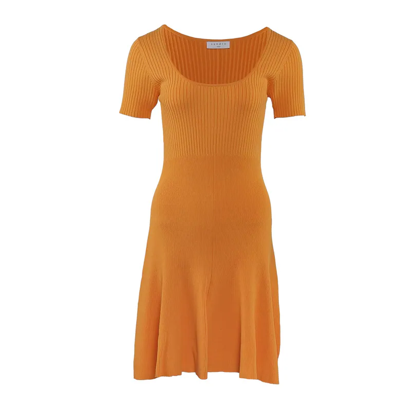 Sandro Paris Kleid Orange Strick Gr. 40 L Damen Kurzarm Minikleid SFPRO00960
