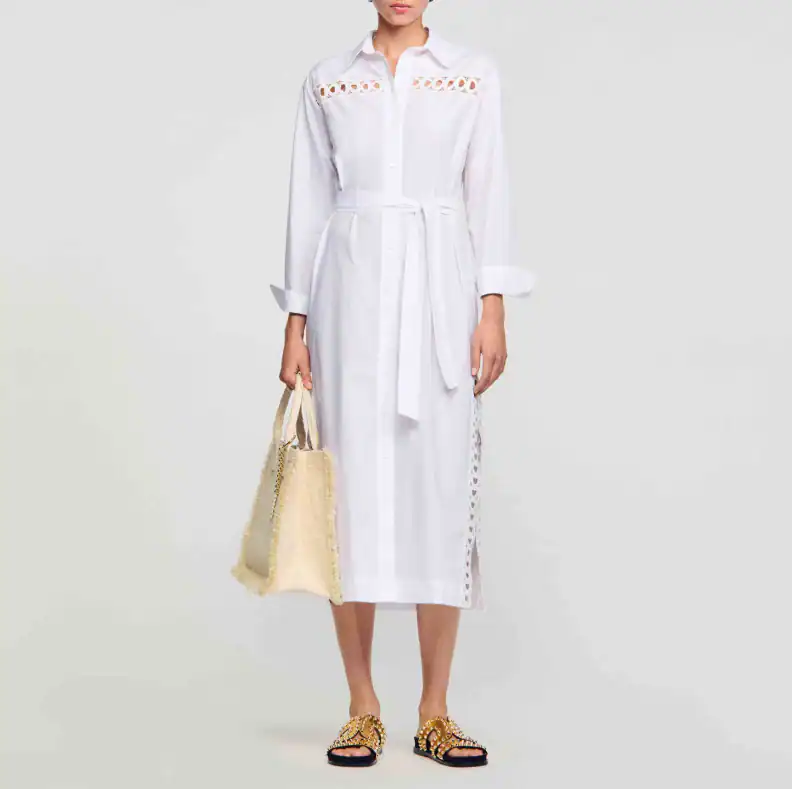 Sandro Kleid Weiß Gr. 36 FR Damen Maxi Lang Baumwolle Hemdblusenkleid SFPRO03706