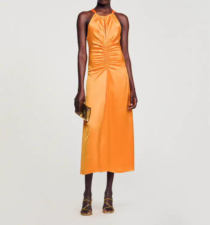 Sandro Kleid Orange Gr. 36 Damen Maxikleid Lang Ärmellos Woven Kleid SFPRO03578