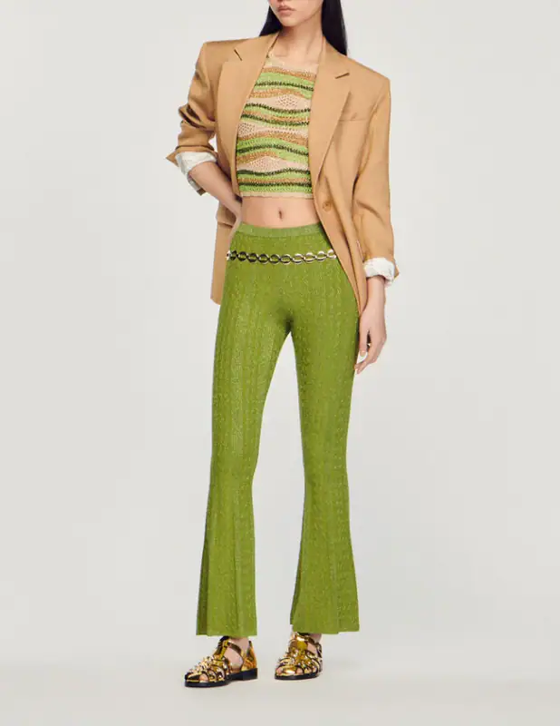 Sandro Paris Strickhose Grün Gr. 38 M Damen Schlaghose SFPPA01122