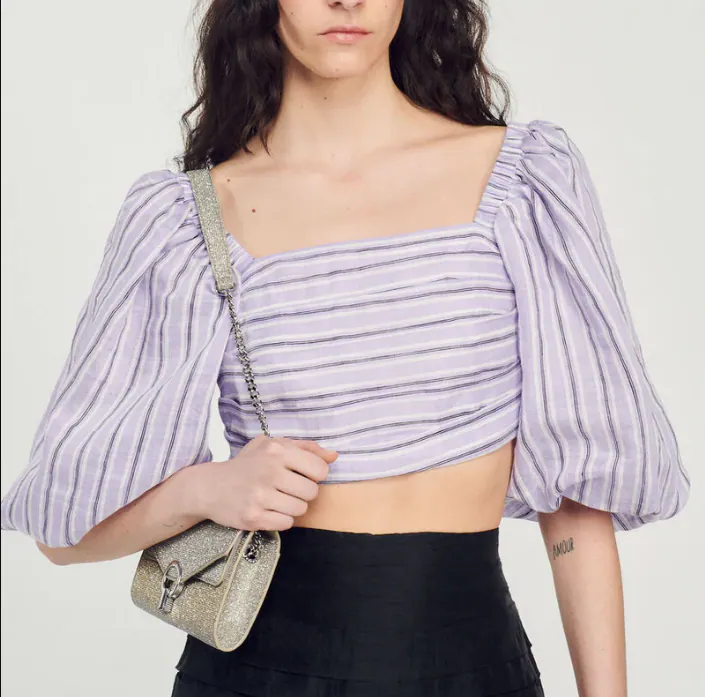 Sandro Paris Women's Purple Linen Blend Cropped Top Size 0 XS 6 SFPTO00585