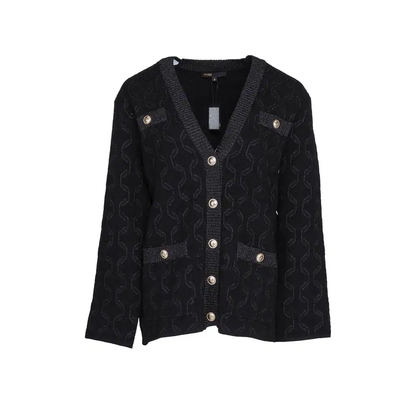 Maje Cardigan Schwarz Glanz V-Ausschnitt Gr. 38 M Damen Strickjacke MFPCA00319