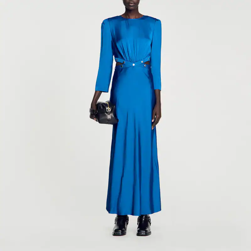 Sandro Satinkleid Blau Cut Out Maxikleid Gr. 36 S Damen Kleid SFPRO03509