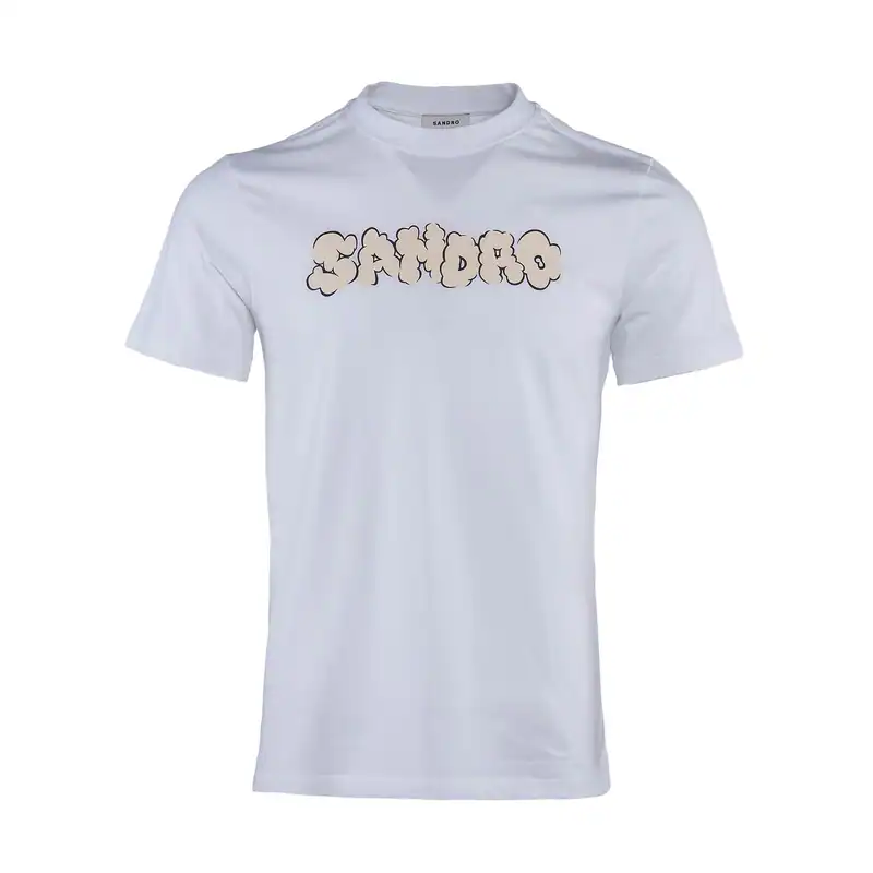 Sandro Herren T-Shirt Weiß Baumwolle Logo Kurzarm Gr. S SHPTS01203
