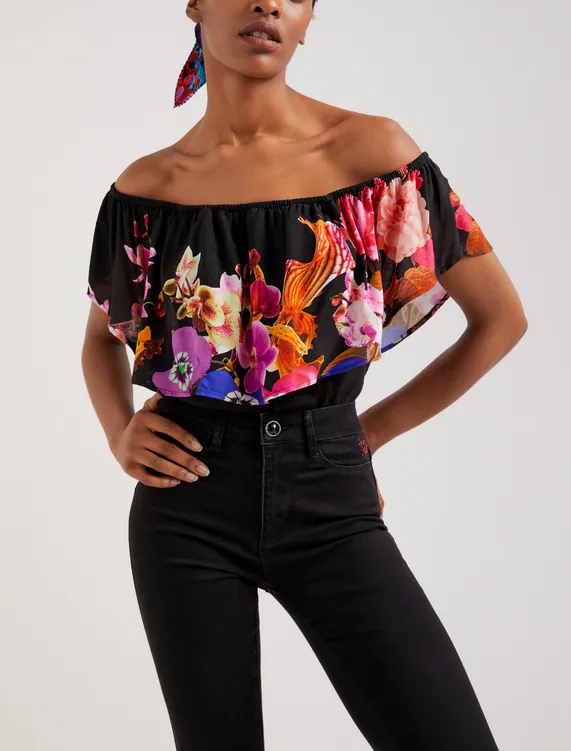 Desigual Body Bunt Blumen Gr. XL Damen Bodysuit Off Shoulder Top 22SWBW44