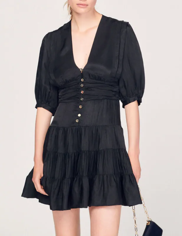 Sandro Kleid Schwarz Gr. 34 FR / XS Damen Satin V-Ausschnitt Minikleid SFPRO0255
