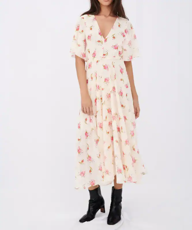 Maje Kleid Ecru Gr. 38 FR / M Damen V-Ausschnitt Blumen Maxikleid MFPRO01527