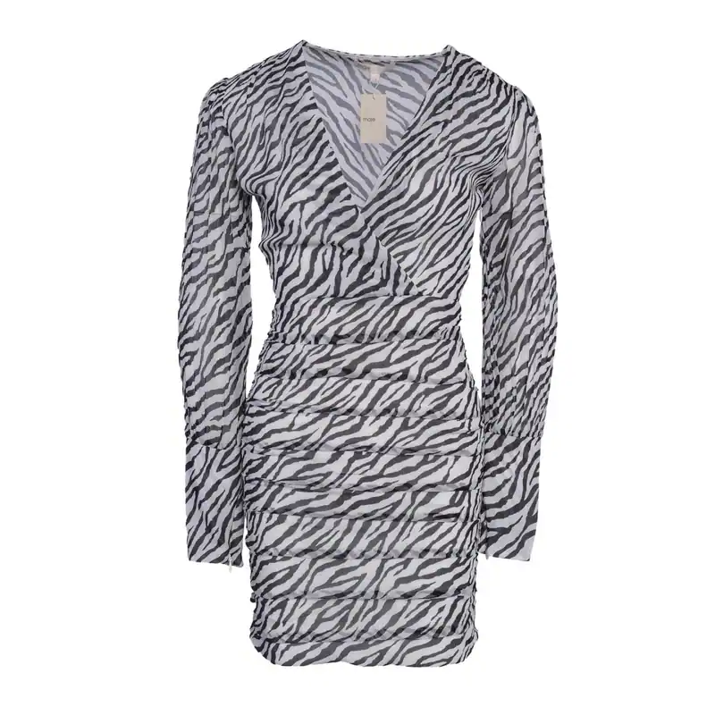 Maje Kleid Ribane Zebra Print Schwarz Weiß Gerafft Mini Gr 34 XS
