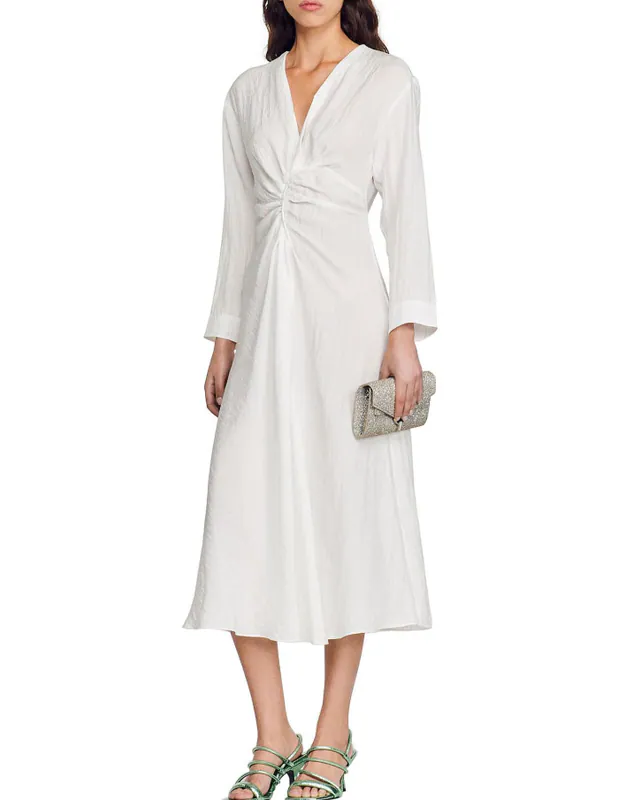 Sandro Kleid Weiß Gr. 36 FR / S Damen V-Ausschnitt Langarm Minikleid SFPRO02909