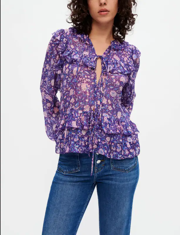 Maje Bluse Lila Blumen Gr. 38 FR / M Damen Langarmbluse Floral MFPTO00782