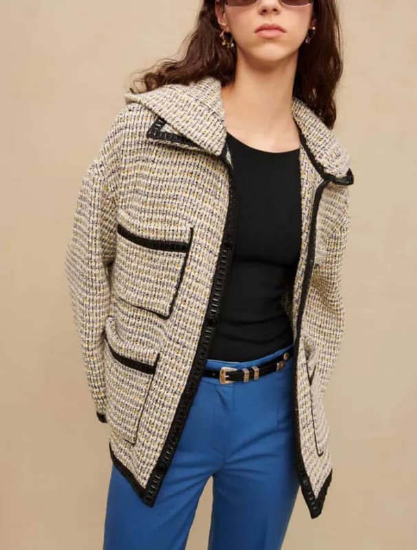 Maje Jacke Mehrfarbig Tweed Kapuze Gr. 34 Damen Vinyl Details Tweedjacke