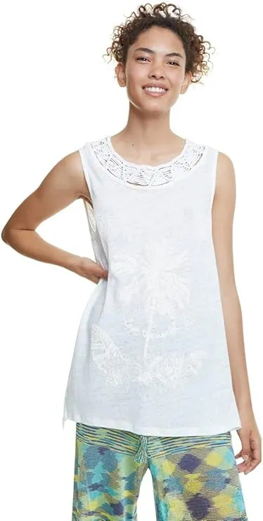 Desigual Women's Tank Top White Embroidered Size S 20SWTK50