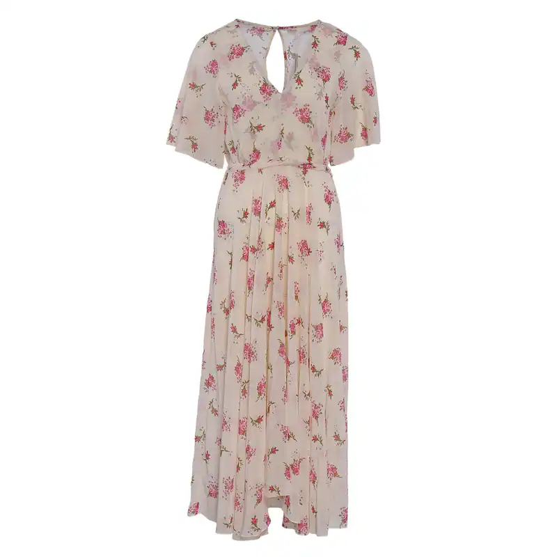 Maje Maxikleid Ecru Blumen V-Ausschnitt Kleid Lang Sommerkleid Gr. 34 XS MFPRO01