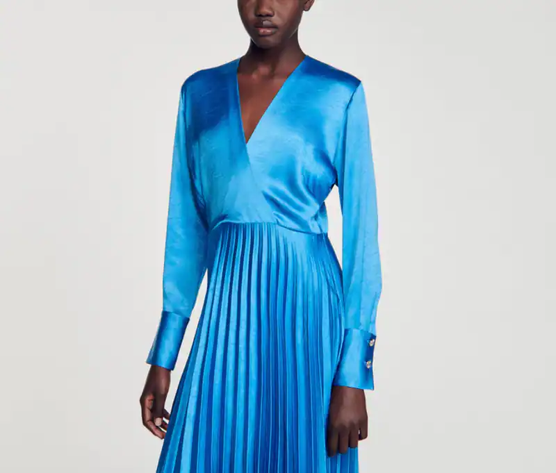 Sandro Paris Damen Maxikleid Blau Satin Plissee 36 S UK 8 SFPRO03685