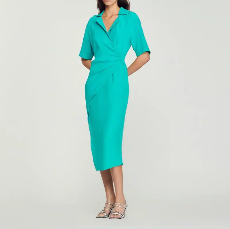 Sandro Kleid Blau Gr. 34 FR / XS Damen Leinen Midikleid Sommerkleid SFPRO02853