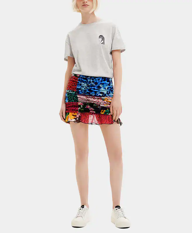 Desigual Kleid Grau T-Shirt Dress Ruched Patchwork Animal Print 22WWVKX1