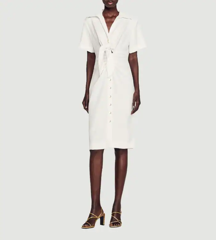 Sandro Kleid Ecru Gr. 36 FR / S Damen V-Ausschnitt Midi Kleid Strick SFPRO02833