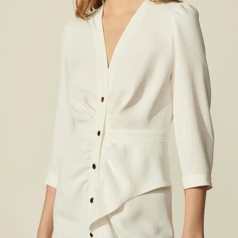 Sandro Kleid Ecru Gr. 36 FR / S Damen V-Ausschnitt Minikleid Kurz SFPRO01739