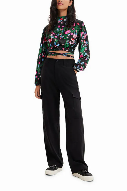 Desigual Damen Bluse Top Viskose Bunt Gebunden Cropped Gr.XL 22WWBW09