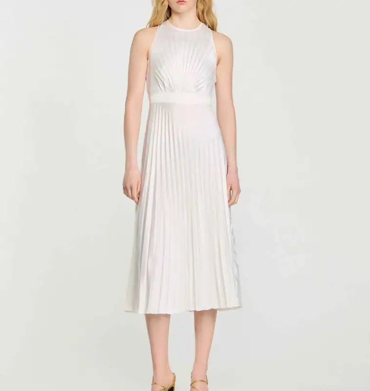 Sandro Maxikleid Ecru Plissiert Gr. 32 XS Damen Rückenfrei SFPRO03794