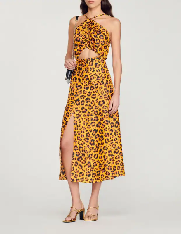 Sandro Paris Damen Kleid Orange Leopard Satin SFPRO02779 Gr. 34 XS 6 Maxi