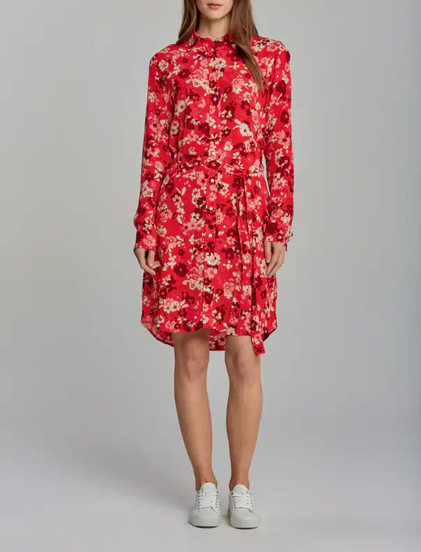 GANT Damen Kleid Rot Blumenmuster Viskose Midi Hemdblusenkleid Gr. 36 4503138
