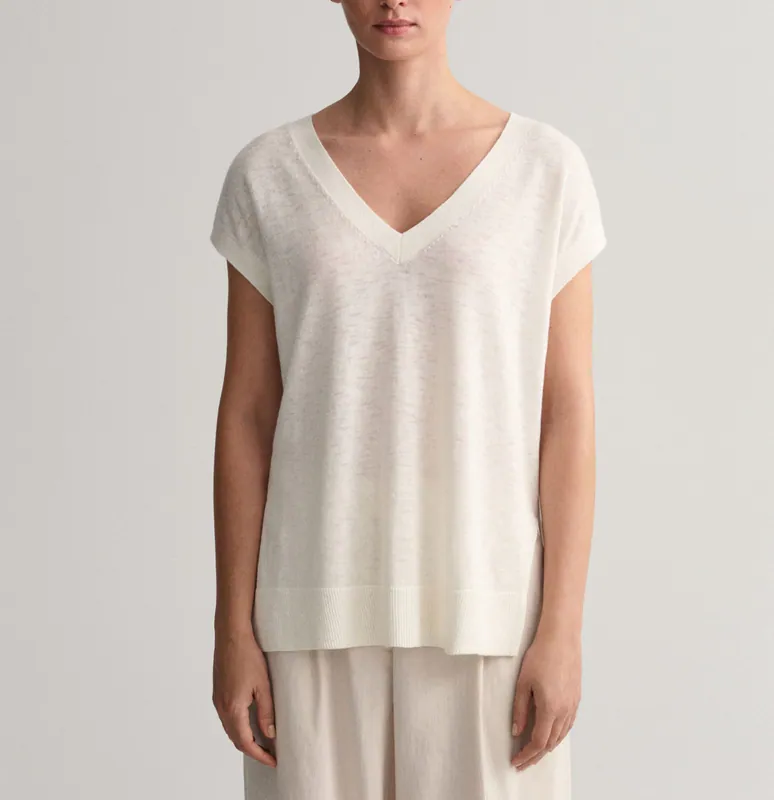 GANT Damen Strickweste Weiß V-Ausschnitt Seiden-Mix Logo Ärmellos Gr. M 4805190