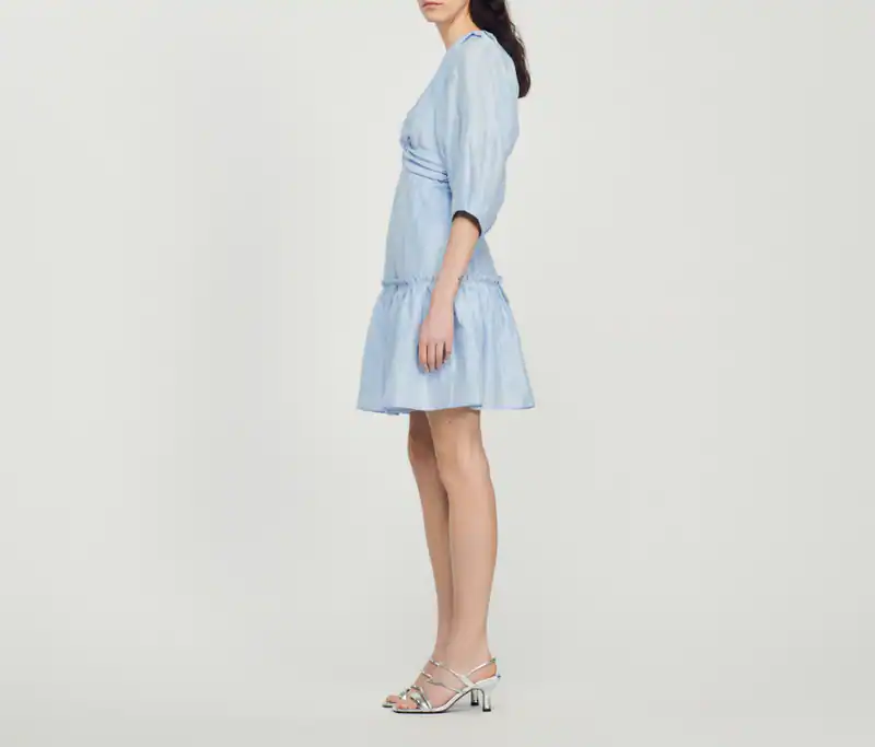 Sandro Kleid Blau Leinen Gr. 32 FR 34 Damen V-Ausschnitt Minikleid SFPRO02775