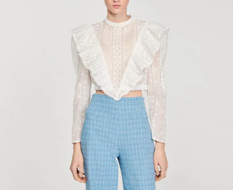 Sandro Bluse Weiß Bestickt Gr. FR 36 S Damen Kurz Oberteil SFPTO00660