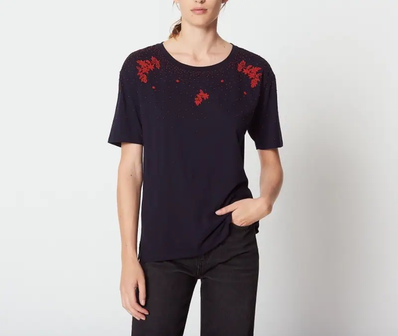 Sandro Shirt Blau Gr. 38 Damen T-Shirt Baumwolle Bestickt Perlen Top T11286H