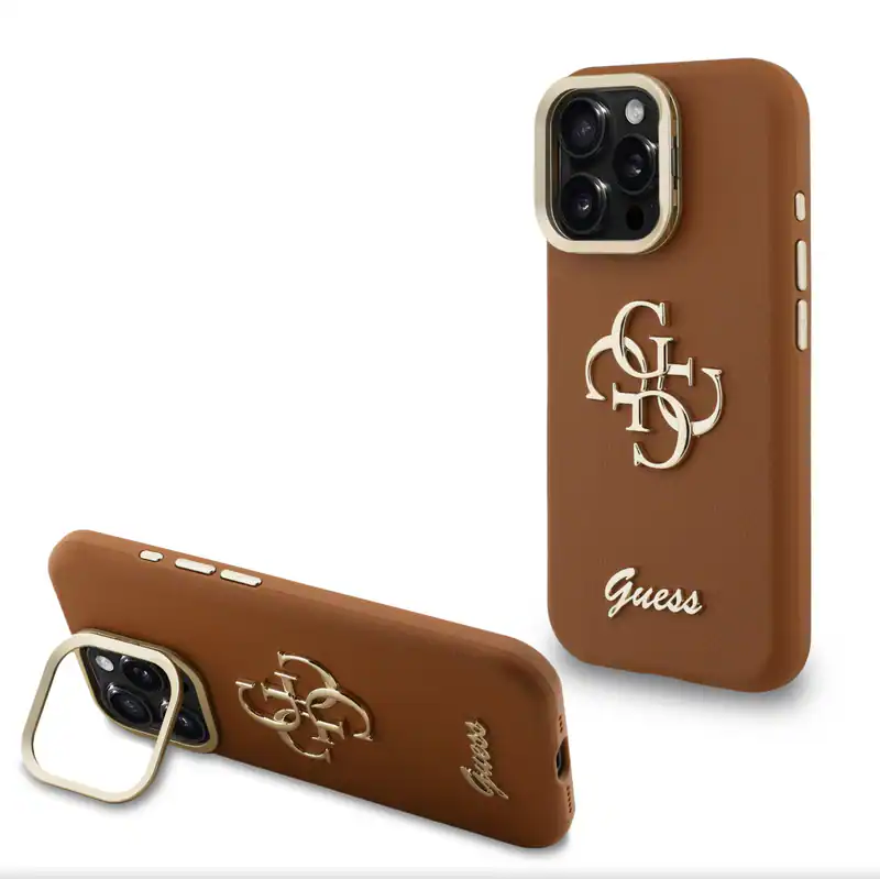 GUESS hülle Für iPhone 15 Pro Max Hülle Case Metal Stand Kamera mit Stand braun