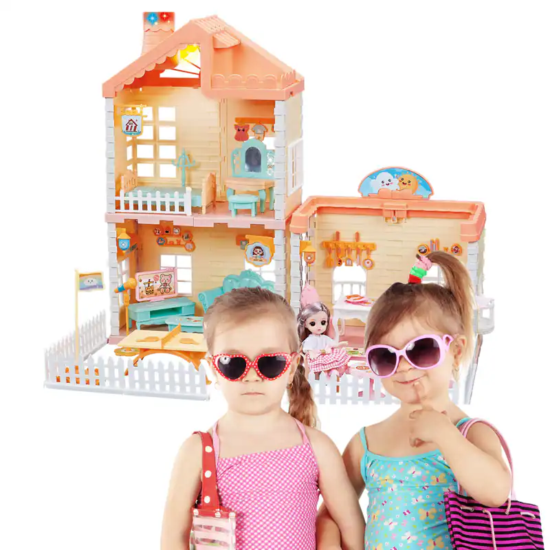 Puppenhaus für Kinder mit Möbeln & Zubehör 2 Etagen Puppenzimmer 3+ Puppe Hund