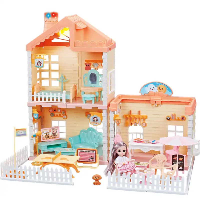 Puppenhaus für Kinder mit Möbeln & Zubehör 2 Etagen Puppe Hund Puppenzimmer 3+