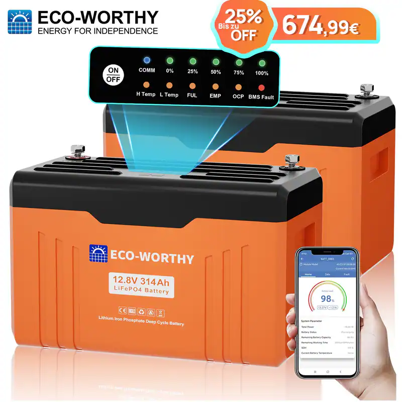 ECO-WORTHY 12V 314Ah 2 Pack Bluetooth LiFePO4 akku Statusanzeige für Wohnmobile
