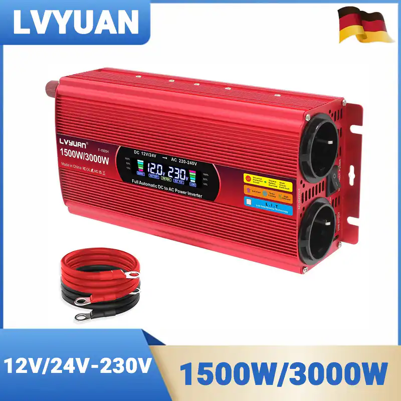 1500W 3000W 12V/24V auf 230V Spannungswandler Wechselrichter mit USB 2AC LCD