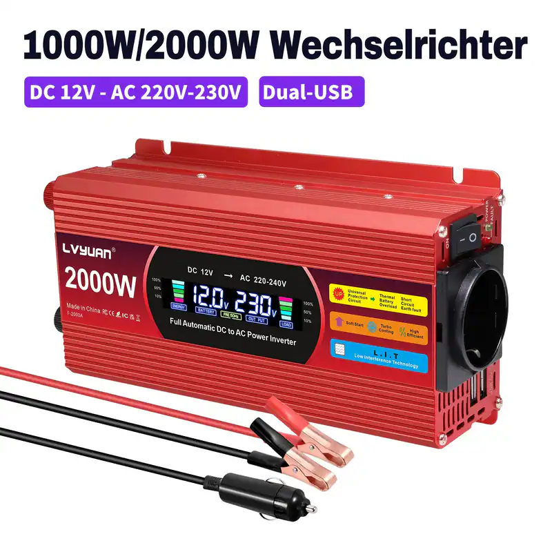 1000W 2000W Spannungswandler 12V auf 220V 230V Wechselrichter USB LCD-Anzeige
