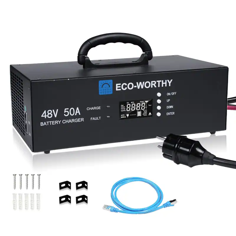 ECO-WORTHY 48V 50A LiFePO4 Ladegerät,0-50A Einstellbarer Strom mit LED-Display