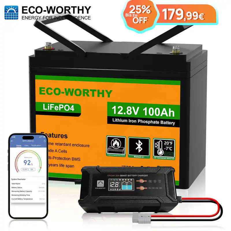 ECO-WORTHY 12.8V 100Ah LiFePO4 Batterie mit 12/24V 20A Ladegerät für Wohnmobile