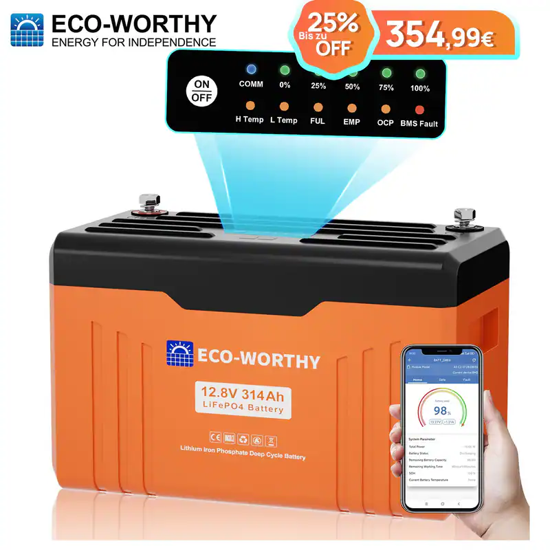 ECO-WORTHY 12V 314Ah LiFePO4 Bluetooth Lithium Batterie für Wohnmobile