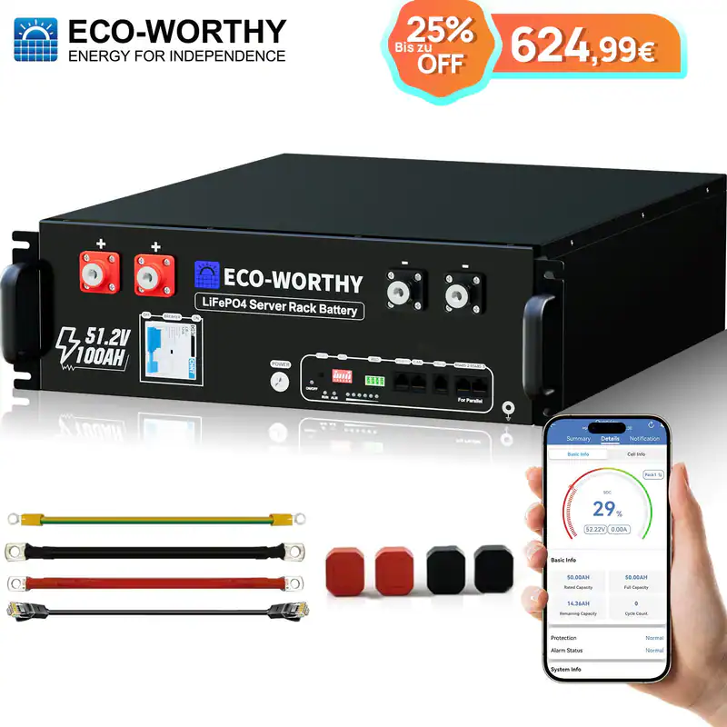 ECO-WORTHY 48V 100Ah Speicher 5,12kWh Bluetooth LiFePO4 Batterie Stromspeicher